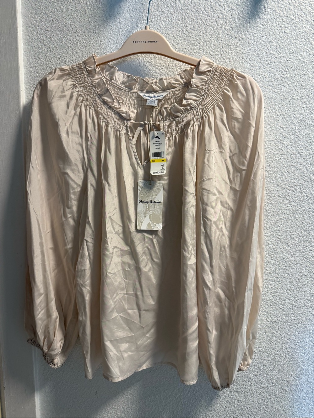 Tommy Bahama Cream Smocked Neck Peasant Blouse
